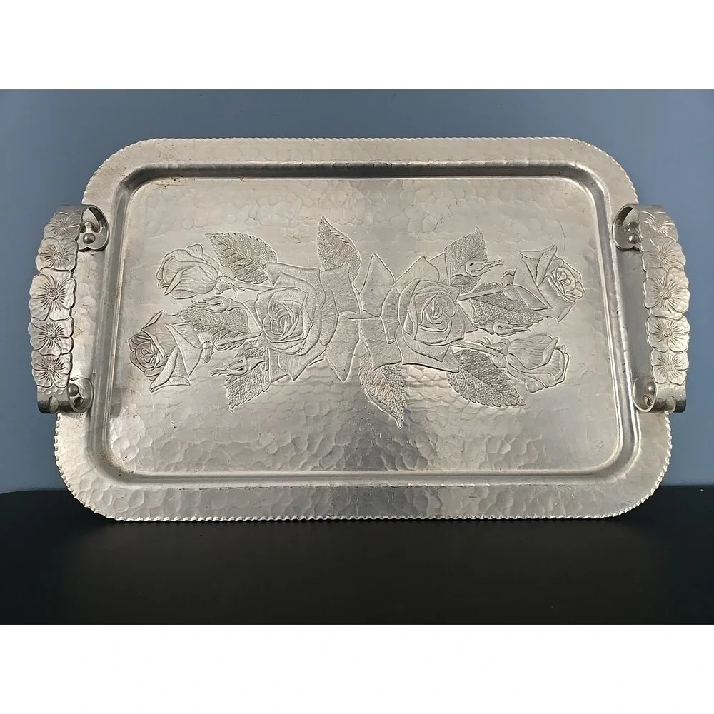 VINTAGE CONTINENTAL SILVER CO WILD ROSE BRILLIANTONE #1023 HAMMERED SERVING TRAY